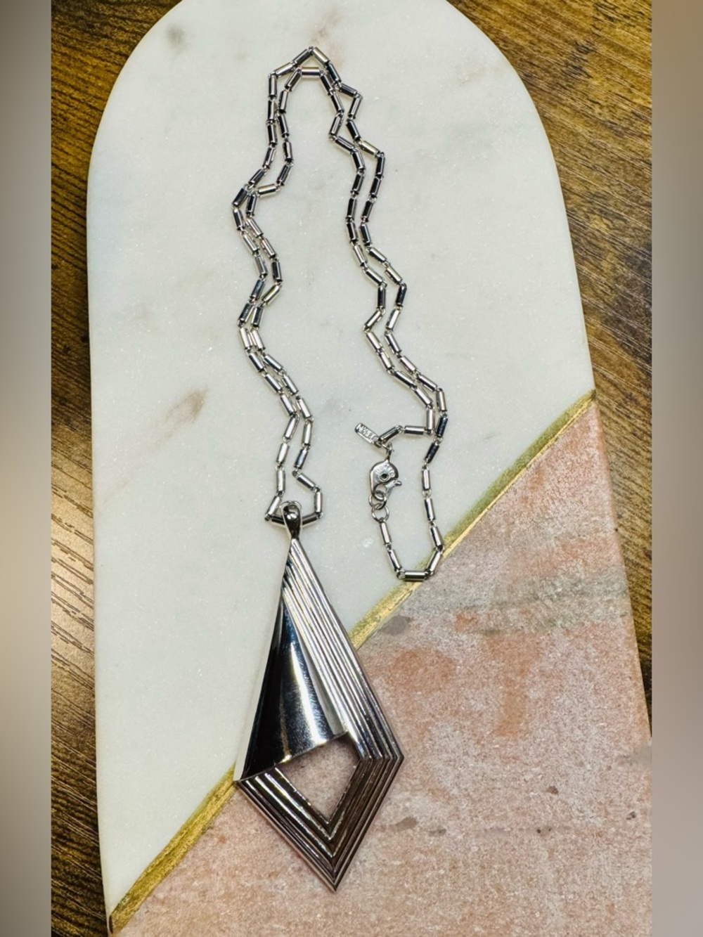 Monet Silver Tone Geometric Pendant Necklace Long Statement - Picture 3 of 7